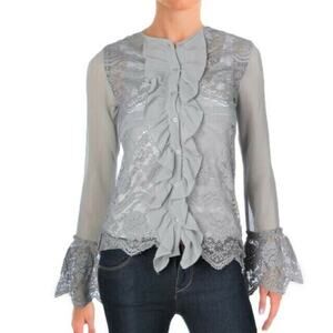 WALTER BAKER Blouse Ruby Gray Lace Button Down Top Long Sleeve Ruffles Medium